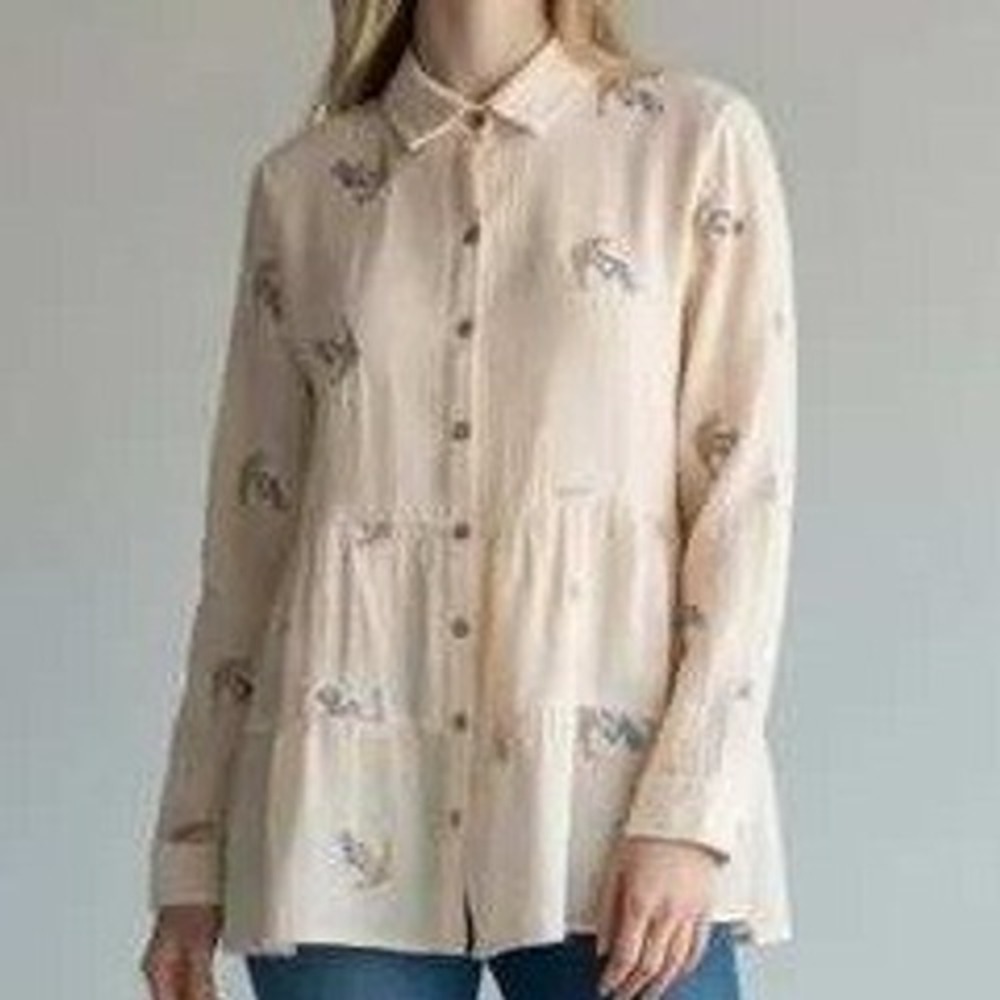 Hope Springs Cream Embroidered Nautical Tiered Gauze Button Down Shirt‎ Top Med